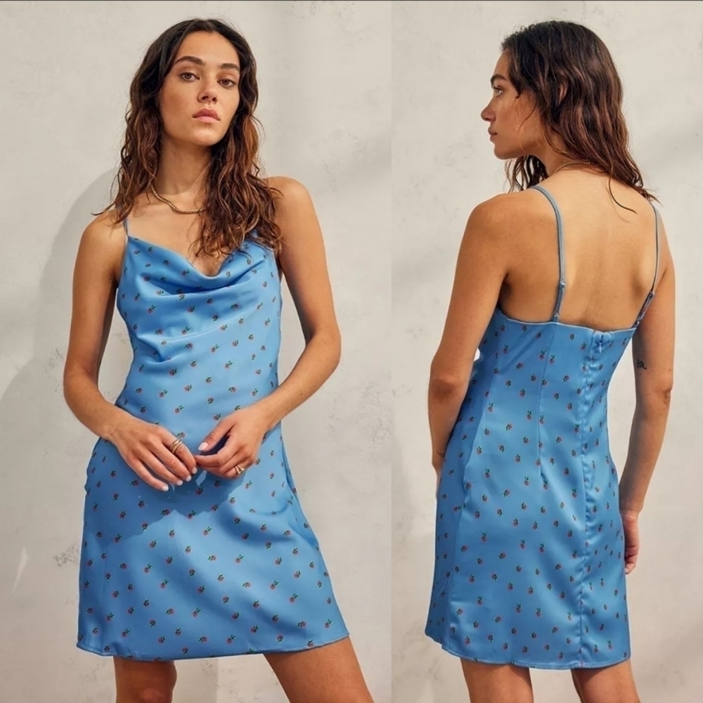 UO Ditsy Strawberry Print Mallory Cowl Slip Mini Dress Blue Small